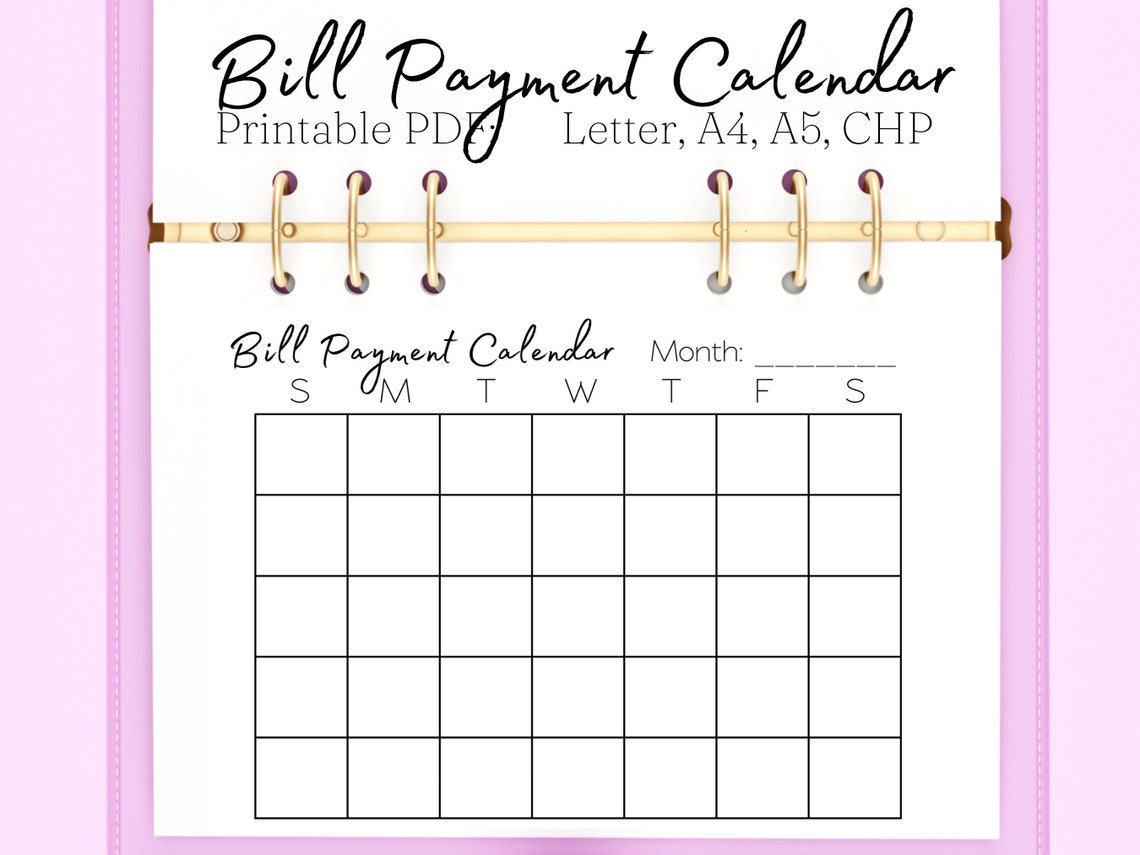 Bill Calendar Printable Bill Payment Calendar Bill Payment - Etsy