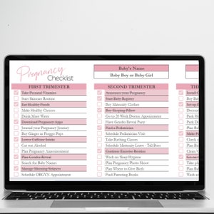 Pode incluir: Uma lista de verifica&ccedil;&atilde;o rosa e branca para a gravidez dividida em tr&ecirc;s trimestres: Primeiro trimestre, Segundo trimestre e Terceiro trimestre. Cada trimestre tem uma lista de tarefas para completar, como tomar vitaminas pr&eacute;-natais, anunciar sua gravidez e comprar roupas de maternidade.