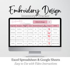 Embroidery Design Inventory Tracker Spreadsheet, Embroidery Business, Embroidery Pattern Organizer Template Google Sheets, Applique Designs
