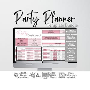 Plantilla para planificar fiestas en Google Sheets y Excel. Incluye planificación de menús, itinerario, presupuesto, lista de invitados y seguimiento de regalos.