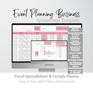 Op de afbeelding: Een computermonitor toont een sjabloon voor een spreadsheet voor een evenementenplanningbedrijf. Het scherm toont een roze en witte spreadsheet met verschillende categorieën. De tekst bovenaan luidt "Event Planning Business Spreadsheet Template".