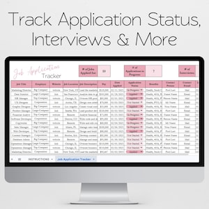 May include: A computer monitor displays a spreadsheet titled "Job Application Tracker." The spreadsheet tracks job titles, employers, locations, descriptions, pay, application status, and contact information. The text "Track Application Status, Interviews & More" is at the top.