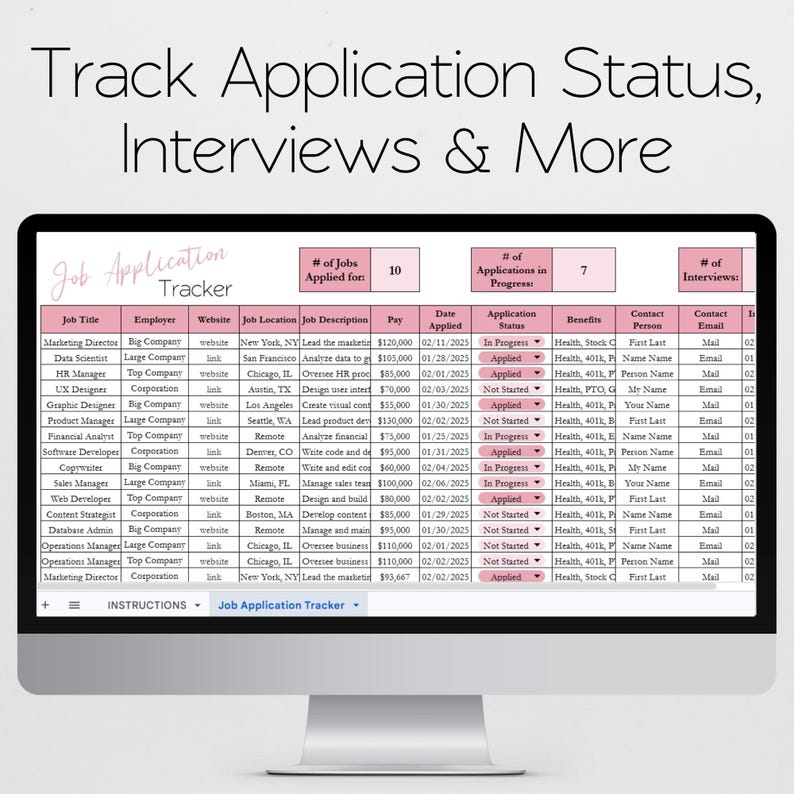 May include: A computer monitor displays a spreadsheet titled "Job Application Tracker." The spreadsheet tracks job titles, employers, locations, descriptions, pay, application status, and contact information. The text "Track Application Status, Interviews & More" is at the top.