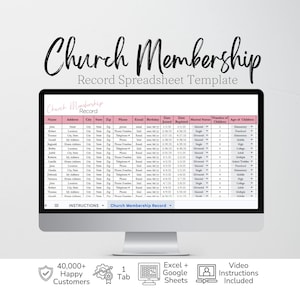 May include: A computer monitor displaying a Church Membership Record spreadsheet template with columns for name, address, contact details, dates, and family information. The interface includes tabs for instructions and the membership record itself.