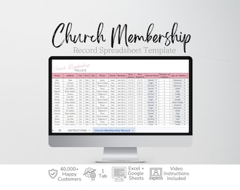 May include: A computer monitor displaying a Church Membership Record spreadsheet template with columns for name, address, contact details, dates, and family information. The interface includes tabs for instructions and the membership record itself.