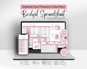 May include: A laptop and smartphone displaying a pink and white budget spreadsheet template bundle. The text reads "Organize Your Finances in One Place" and "Budget Spreadsheet Template Bundle". Additional text includes "Makes Budgeting Easy", "Stay on Budget", and "Simplify your Finances".