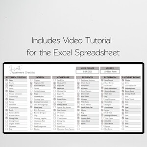 May include: A printable apartment checklist with a gray background and white text. The checklist is divided into sections for kitchen/dining, pantry, cookware, bedroom, bathroom, and laundry room. The checklist includes a move-in date and address.