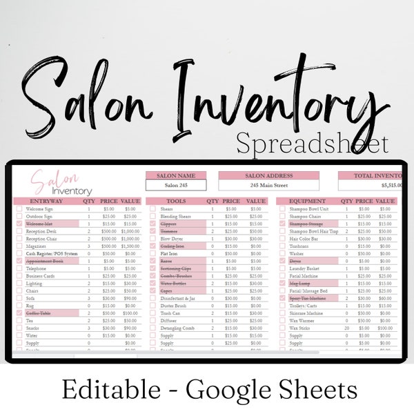 Salon Inventory Template, Salon Inventory Tracker Log, Beauty Salon Setup Checklist, Nail Salon Hair Salon Templates Google Sheet Supplies