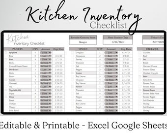 Pantry Inventory Spreadsheet List, Freezer Kitchen Supplies, Kitchen Organizer, Kitchen Inventory Template, Refrigerator Food List Excel