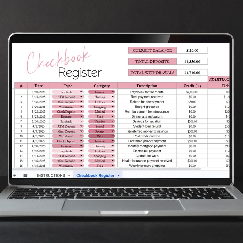 May include: A laptop screen displaying a digital checkbook register spreadsheet with pink headers and dropdown menus. The document includes columns for date, type, category, description, credit, and debit, with summary boxes for current balance, total deposits, and total withdrawals.