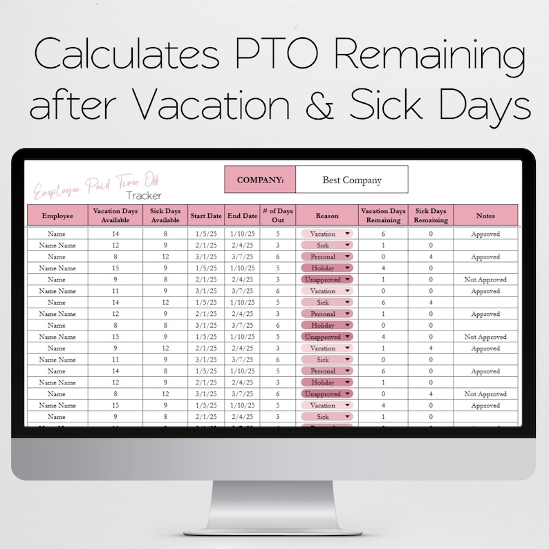 May include: A computer screen displays a pink and white spreadsheet titled "Employee Paid Time Off Tracker." The spreadsheet calculates PTO remaining after vacation and sick days, with columns for employee name, dates, and reasons.