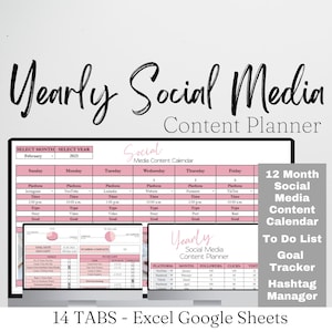 Yearly Social Media Planner, Social Media Content Calendar Template Social Media Manager Social Media Calendar Google Sheets Templates Posts