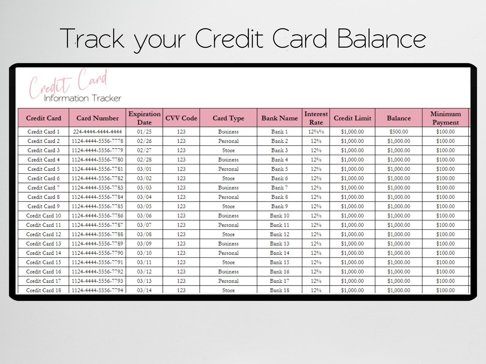 Credit Card Information Excel Spreadsheet, Credit Card Log Google ...