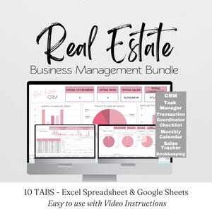 Real Estate Management Template Bundle, Transaction Checklist, Bookkeeping, Realtor Sales Tracker, Realtor CRM, Calendar, Excel Spreadsheet
