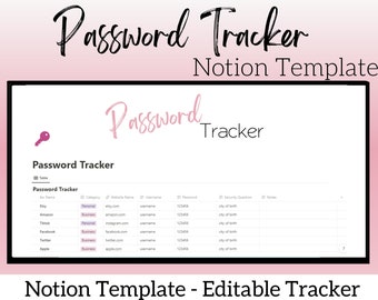 Password Tracker Notion Template Password Template, Password Keeper, Password Digital List, Password Manager Notion Templates, Password Log