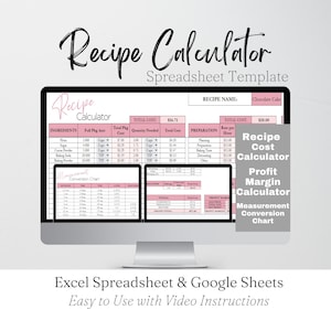 Recipe Calculator, Recipe Cost Calculator Google Sheets, Recipe Template, Bakery Business Template, Profit Calculator Excel Spreadsheet