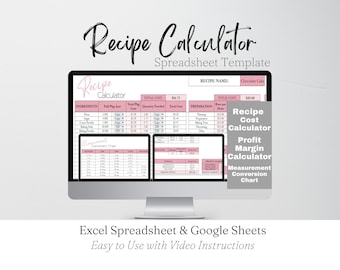 Recipe Calculator, Recipe Cost Calculator Google Sheets, Recipe Template, Bakery Business Template, Profit Calculator Excel Spreadsheet