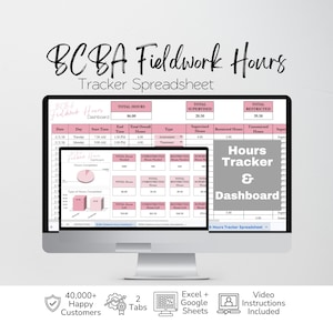 May include: A digital BCBA Fieldwork Hours Tracker Spreadsheet displayed on a computer monitor. The interface features pink and white data tables, pie charts, and bar graphs for tracking supervised and restricted hours, with text labels.