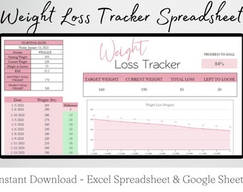 Seguimiento de pérdida de peso Hojas de Google, Seguimiento de pérdida de peso Excel, Planificador de pérdida de peso Excel, Seguimiento de pérdida de peso digital, Gráfico de pérdida de peso