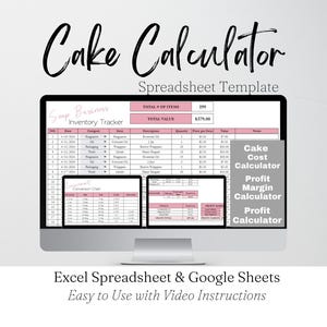 Calculadora de pasteles, Calculadora de costos de recetas de pasteles, Decoración de pasteles, Calculadora de recetas, Plantilla de negocio de pasteles, Calculadora de ganancias de Hojas de cálculo de Google