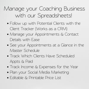 May include: A white background displays text: "Manage your Coaching Business with our Spreadsheets!" followed by bullet points detailing features such as client tracking, appointment management, and social media marketing.