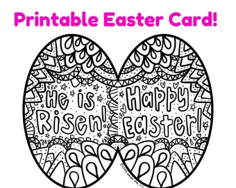May include: A printable Easter card featuring a black and white illustration of two eggs with intricate designs. The text "He is Happy Risen! Easter!" is written inside the eggs.