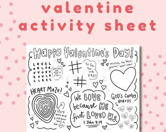 Christlicher Valentinstag Aktivitätsbogen für Kinder, Schrift Valentinstag, Kinder Valentinstag Malaktivität, druckbares Valentinstag PDF, Tischset