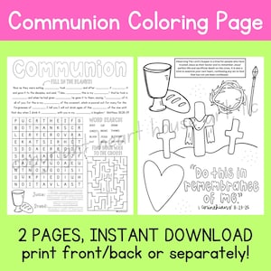 May include: A two-page Communion coloring page with fill-in-the-blanks, word search, and illustrations of a chalice, bread, crosses, and a crown of thorns. The text includes "Do this in remembrance of me."