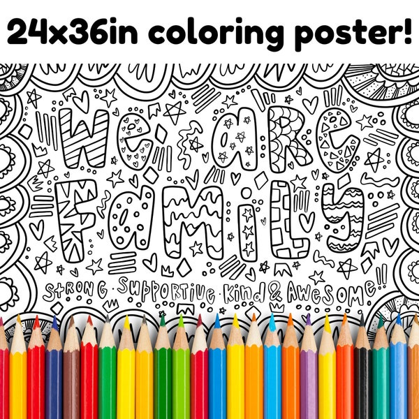 Nous sommes une famille, affiche d'art doodle, page à colorier géante, nappe à colorier, affiche à colorier imprimable 24 x 36, art mural sur le thème de la famille