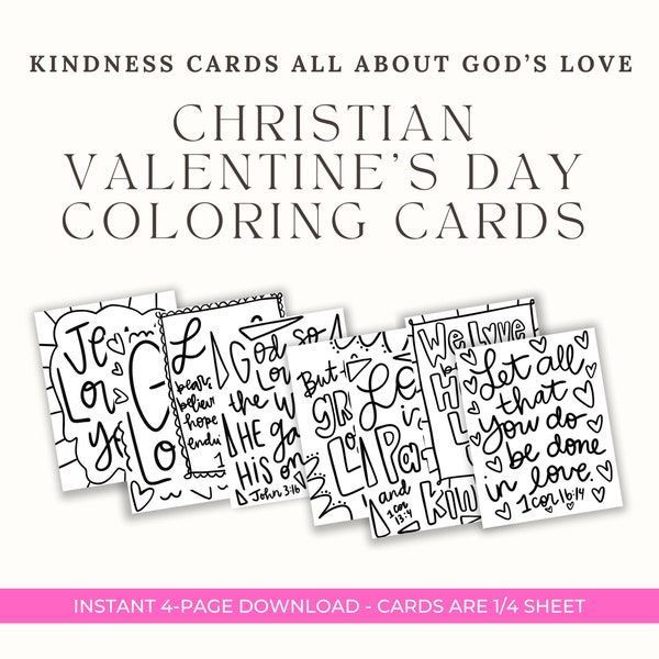 Bible Verse Valentine, Christian Valentine Cards, Kindness Cards PRINTABLE, God's Love Never Fails, Scripture Cards for kids, Coloring Cards