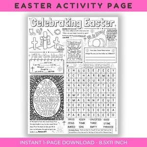 May include: Black and white Easter activity page with the text "Celebrating Easter". Includes fill-in-the-blank, word search, and other activities. The page is 8.5x11 inches.