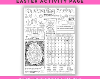 May include: Black and white Easter activity page with the text "Celebrating Easter". Includes fill-in-the-blank, word search, and other activities. The page is 8.5x11 inches.
