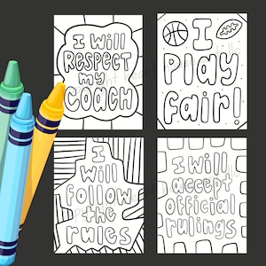 Pode incluir: Quatro páginas para colorir imprimíveis em preto e branco com mensagens sobre temas desportivos. As páginas incluem o texto "Respeitarei o meu treinador", "Jogo limpo", "Seguirei as regras" e "Aceitarei as decisões oficiais".