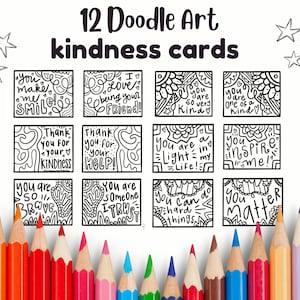 Schede di gentilezza stampabili da colorare / 12 schede disegnate a mano con scarabocchi / Note di incoraggiamento per bambini, amici, vicini, ministero