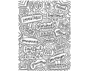 Póster para colorear "Atributos de Dios": Arte cristiano para la educación en casa (18 x 24) (PDF)