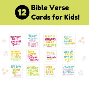 May include: A set of twelve Bible Verse Cards for Kids. Each card displays a different quote in colourful text, including phrases such as "Trust in the Lord with all your heart" and "Live by faith."