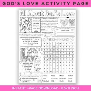 Página de atividades sobre o amor de Deus, página para colorir cristã de Dia dos Namorados para imprimir (download em PDF)