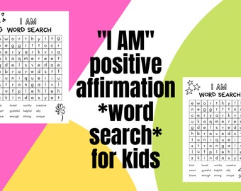 Kids' Word Search Printable, Positive Affirmation Word Search, I Am word search, Kids Affirmations Printable, growth mindset printable