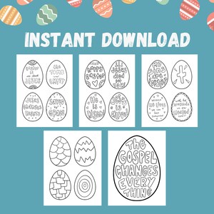 Image shows easter coloring page designs. christian-based designs.text reads: instant download.