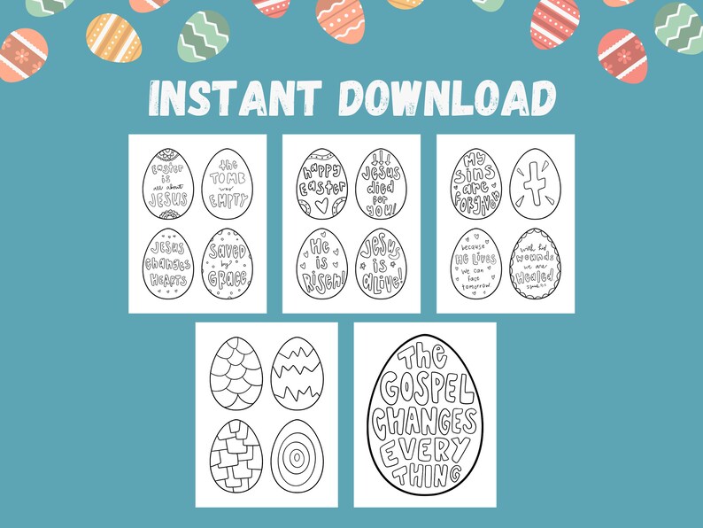 Image shows easter coloring page designs. christian-based designs.text reads: instant download.