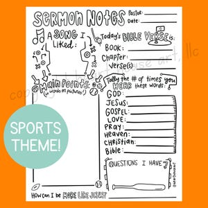 Notas de sermones para niños, tema deportivo, hojas de notas de sermones, notas de sermones para niños de 8 a 12 años, IMPRIMIBLES, notas de sermones para niños para dibujar, PDF