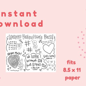 Valentine's Day Activity Sheet for kids. Image shows the downloadable PDF. Text reads: Instant Download, fits 8.5x11 paper. Happy Valentine's Day. Tic Tac Toe, decorate a cookie, bible verse, God's Candy hearts, heart maze, Word search.