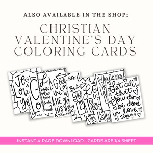 May include: Four black and white coloring pages with Christian Valentine's Day themes. The pages feature hand-lettered text with Bible verses and hearts. The text includes "Love", "God", "Let all", and "be done in love".