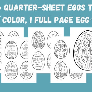 Text reads: 16 quarter-sheet eggs to color, 1 full page egg.
Image shows the easter coloring pages.