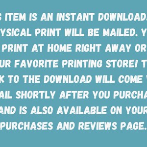 This image shares text describing how the digital download is available instantly and no physical print will be mailed.