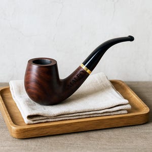 Könnte beinhalten: Eine dunkelbraune Holzpfeife mit schwarzem Mundstück und goldenem Band. Das Wort "MALFO" ist seitlich eingraviert. Sie liegt auf einem beigen Leinentuch in einem Holztablett.