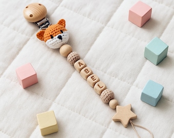 Crochet Fox Pacifier Clip – Personalized Baby Dummy Chain