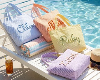 Custom Seersucker Tote Makeup Bag – Personalized Chenille Name Travel Toiletry Pouch – Summer Beach Organizer – Gift for Her