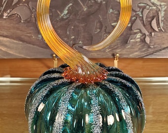Blown Glass Pumpkin, "Aquamarine & Gold Anello"