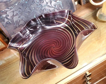 Large Fluted Bowl Featuring Spiral Bands of Sparkling Gold & Blue.